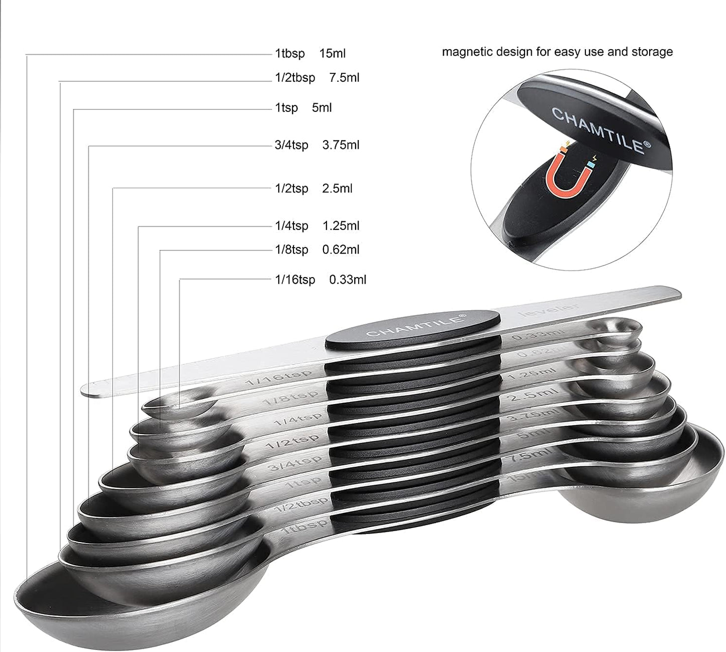 Magnetic Measuring Spoons Set of 9 Stainless Steel Dual Sided Stackable Teaspoon Tablespoon Nesting Measuring Spoon for Measuring Dry and Liquid Ingredients Fits in Spice Jar
