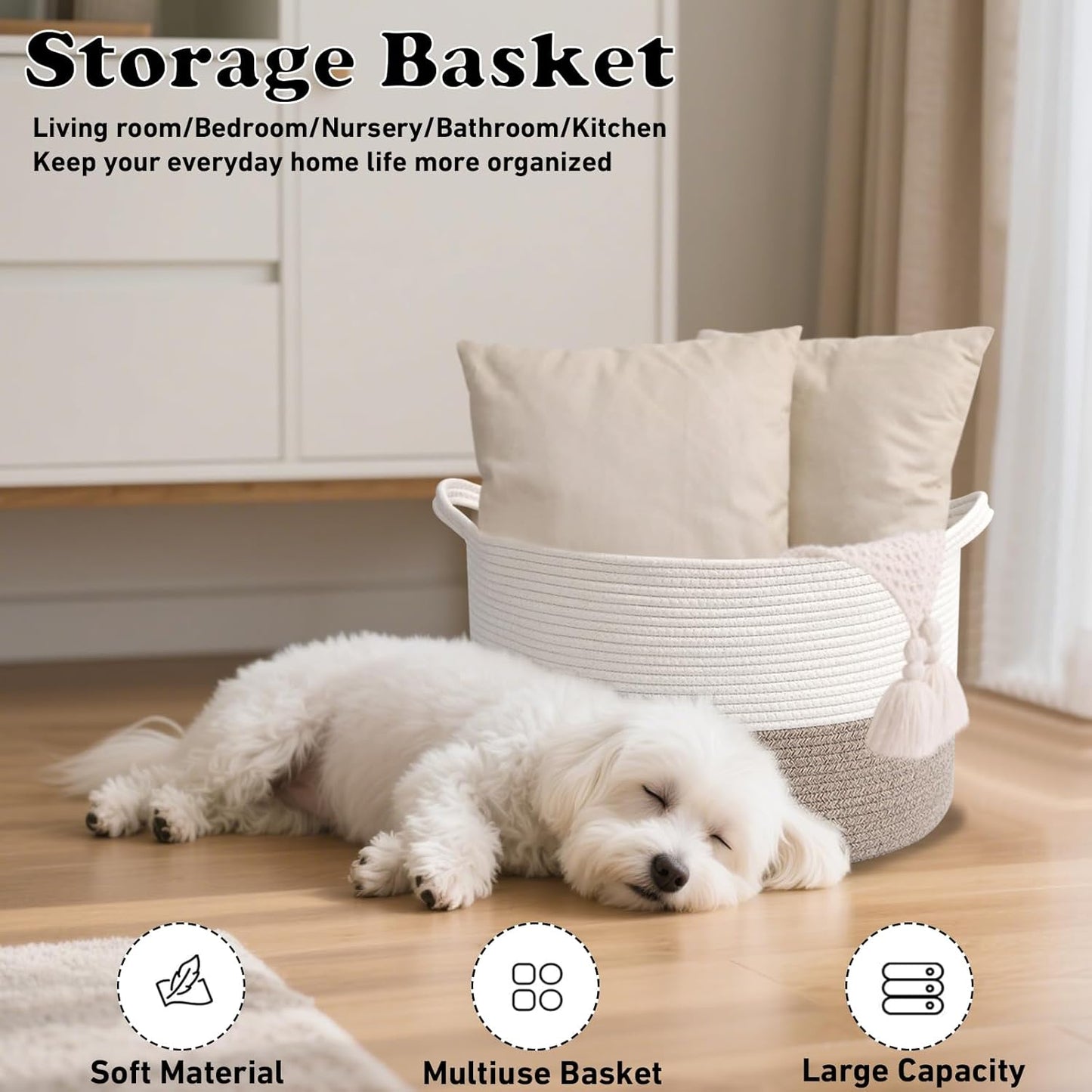 Large Blanket Basket for Organizing,115L Closet Organizers and Storage Bins Box for Shelves Woven Rope Storage Baskets,Living Room,Bedroom,Dorm,Laundry room (White&Brown)