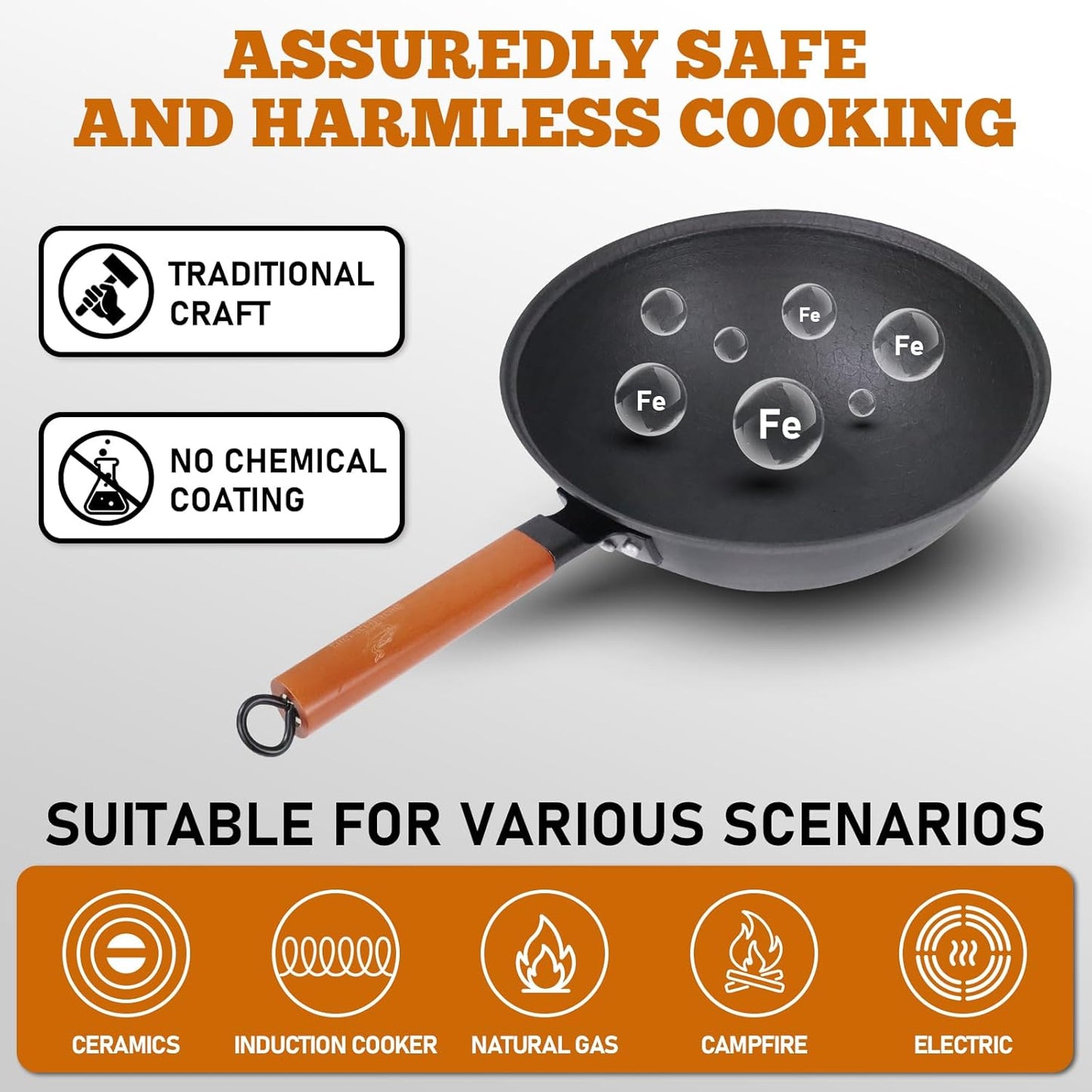 Nonstick Frying Wok Pan Hybrid, 9 Inch Preseasoned Deep Stir Fry Pan Skillet with Glass Lid, Traditional Chinese Cast Iron Wok, No Coated Saucepan for Induction, Electric, Gas, Grill Stoves