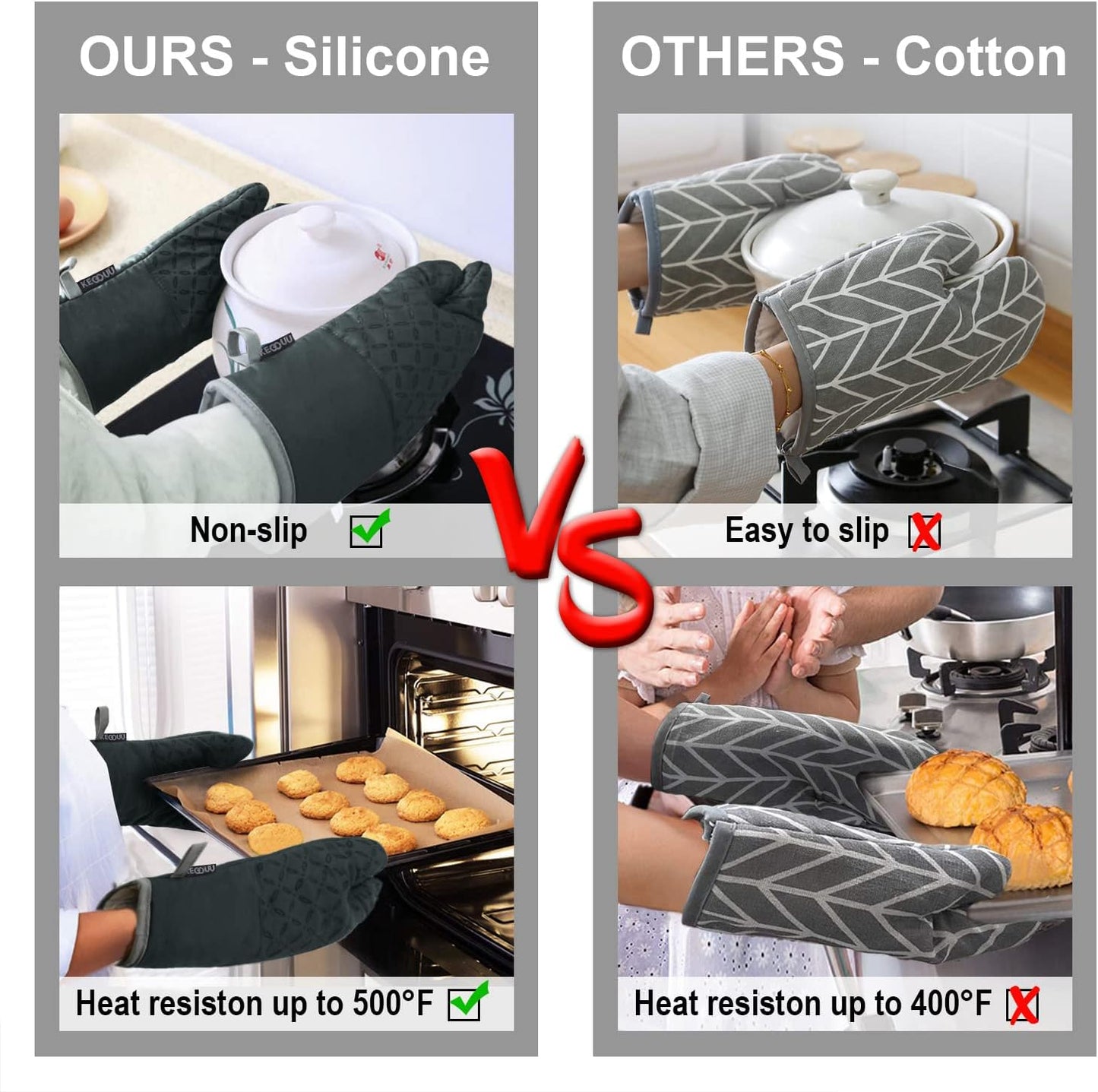 KEGOUU Oven Mitts and Pot Holders 6pcs Set, Kitchen Oven Glove High Heat Resistant 500 Degree Extra Long Oven Mitts and Potholder with Non-Slip Silicone Surface for Cooking (Deep Green)