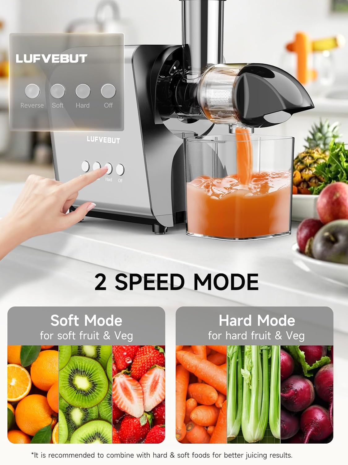 Slow Clod Press Juicer for Fruits Vegetables Celery Carrot Ginger, Masticating Juicer Machine Soft Hard Reverse Function,250W Motor,Easy To Clean, Fresh Orange Juice Extractor