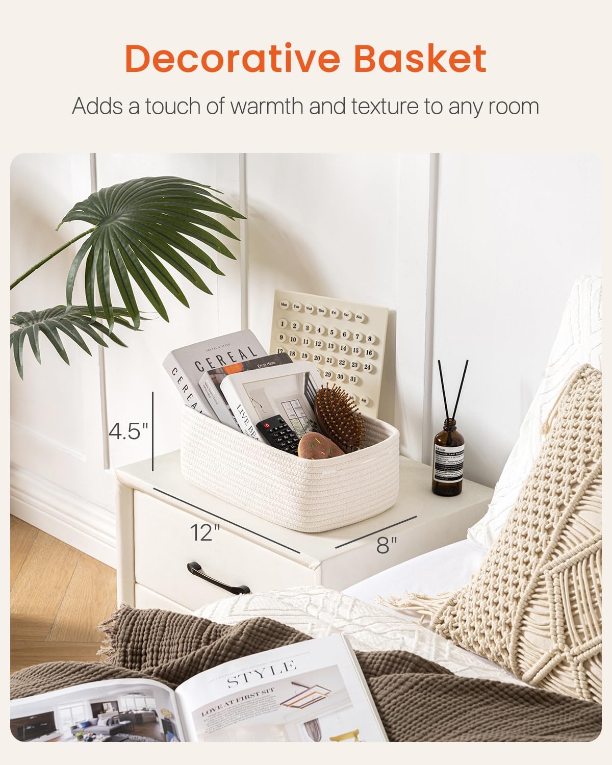 Small Woven Basket, 12 x 8 x 4.5 Inches, Storage Basket for Organizing, Cute Small Rope Shelf Closet Cube Storage Bins Baskets for Shelves, Dog Toy Gift Baskets Empty, 3 Packs, Off White