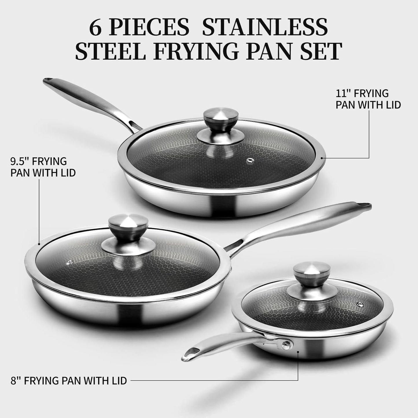 6 Pieces Stainless Steel Frying Pan Set with Lids, Honeycomb Nonstick Frying Pan Set 3 Pcs,Induction Skillet Set Egg Omelette Frying Pan Set W/Lid, Induction Compatible, PFOA Free