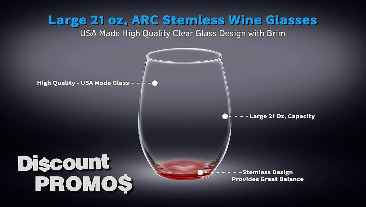 DISCOUNT PROMOS 10 ARC Stemless Wine Glasses Set, 21 oz. - Chardonnay, Cabernet, Merlot, Sauvignon - Red