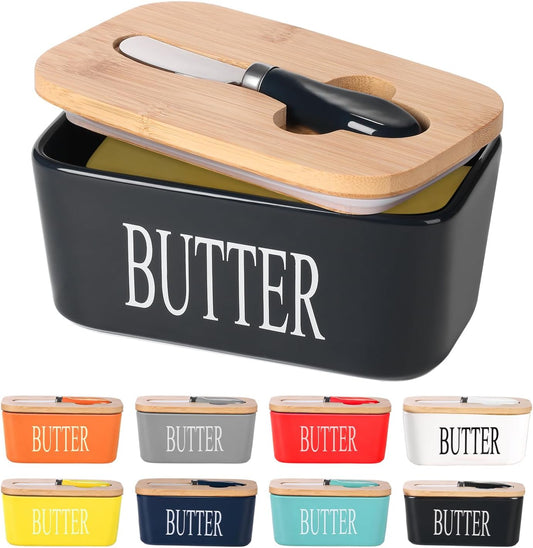 Ceramic Butter Dish with Wooden Lid, Large Butters Container Keeper Storage with Stainless Steel Knife Spreader, Bamboo Cover and Silicone Sealing Ring for West East Coast, Black
