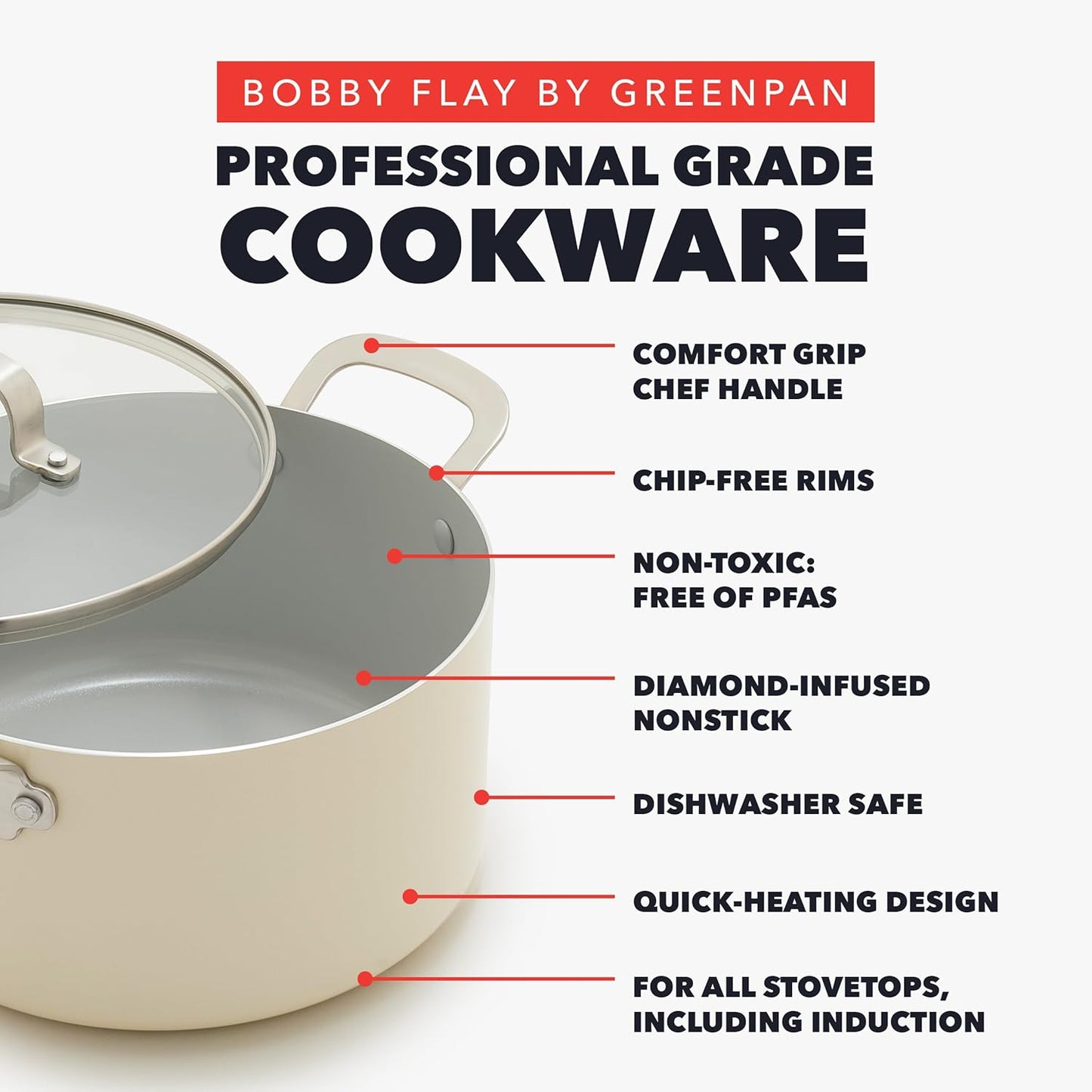 GreenPan x Bobby Flay 6QT Stockpot with Glass Lid, PFAS-Free Diamond Ceramic Nonstick Pot, Induction Suitable, Easy Clean Dishwasher & Oven Safe, Quick Heating, Pasta, Soups, Cream