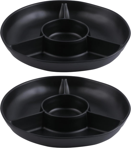 Chip & Dip Serving Tray Set, 4 Sectional Round Melamine Serving Platter, Relish Tray, Round Compartment Appetizer platter for Veggies, Candy and Snacks, Matte Black, Set of 2