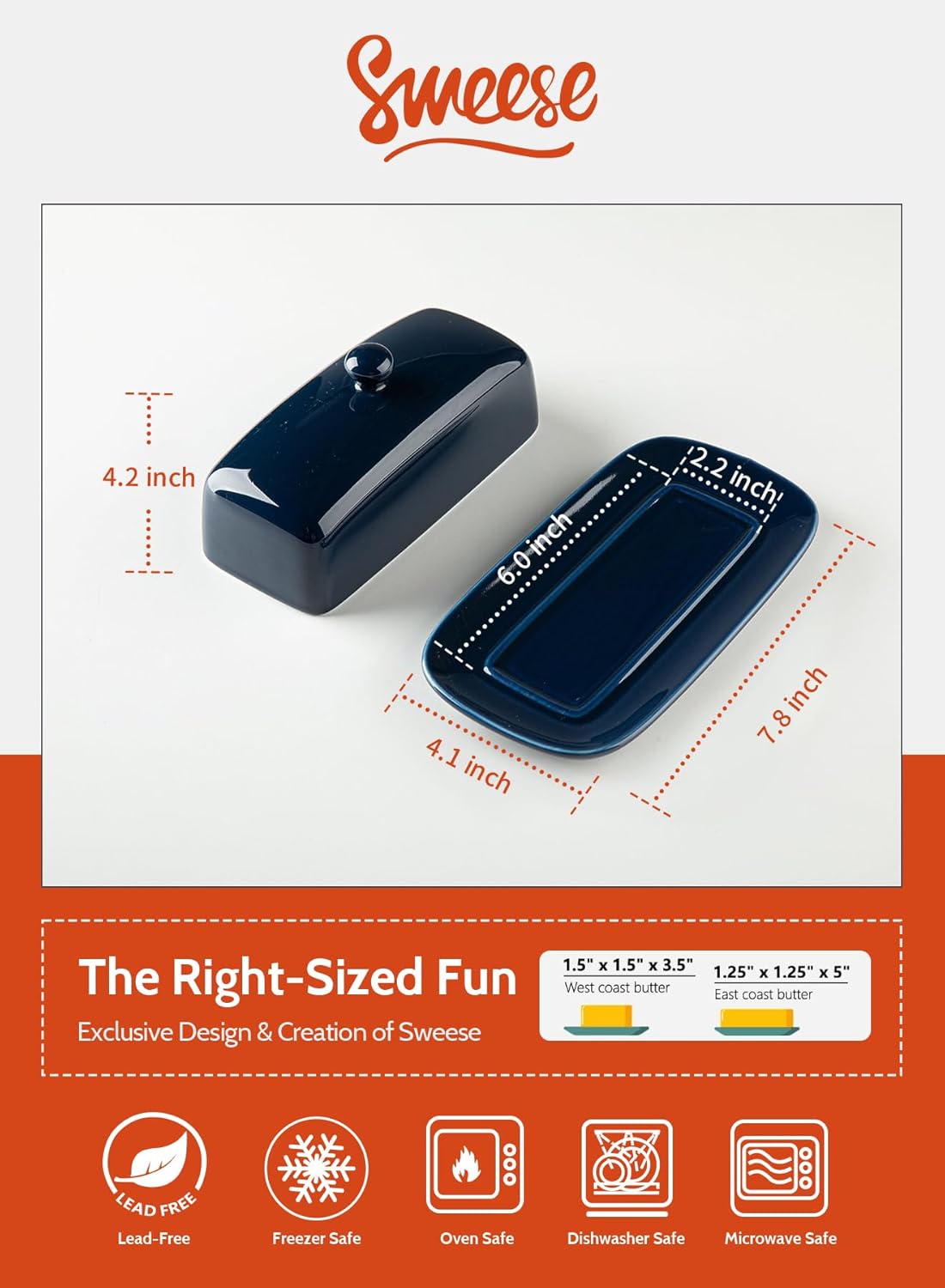 Sweese Butter Dish with Lid, Porcelain Butter Keeper, 7.8 Inch Butter Holder with Handle Cover, Butter Container Perfect for East West Coast Butter, Navy