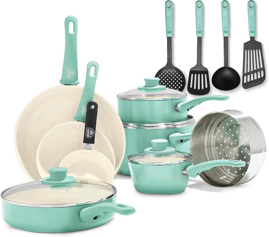 GreenLife Soft Grip 16 Piece Cookware Set, Non-Toxic PFAS-Free Ceramic Nonstick, Pots, Frying, Sauce, Saute, Glass Lids, Stay-Cool Handles, Wobble Free Bases, Dishwasher & Oven Safe, Turquoise