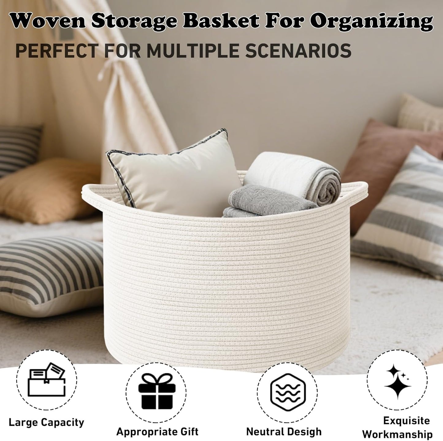 Large Blanket Basket for Organizing,115L Closet Organizers and Storage Bins Box for Shelves Woven Rope Storage Baskets,Living Room,Bedroom,Dorm,Laundry room (White)