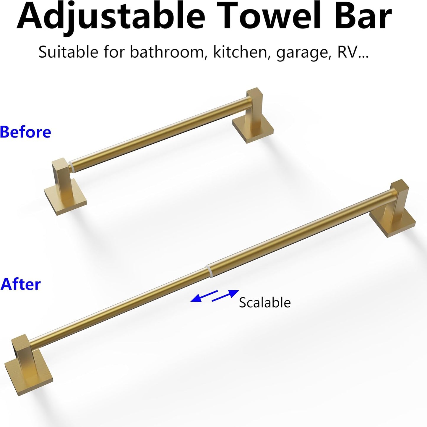 Adjustable Towel Bar, 14.4inch - 25.2inch Towel Rack, Wall Mounted for Bathroom, Kitchen Hand Towel Holder Cloths Hanger SUS 304 Stainless Steel Organizer Single Bar (Gold)