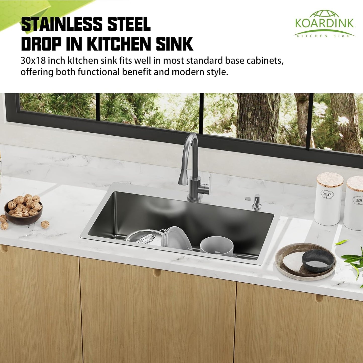 30x18 In Drop Inch Kitchen Sink-Stainless Steel Topmount Modern Single Bowl Kitchen Sink Come With Silicon Mat, Drain Strainer Set Offer Large Basin And Compatibility With Various Kitchen&Bar Style