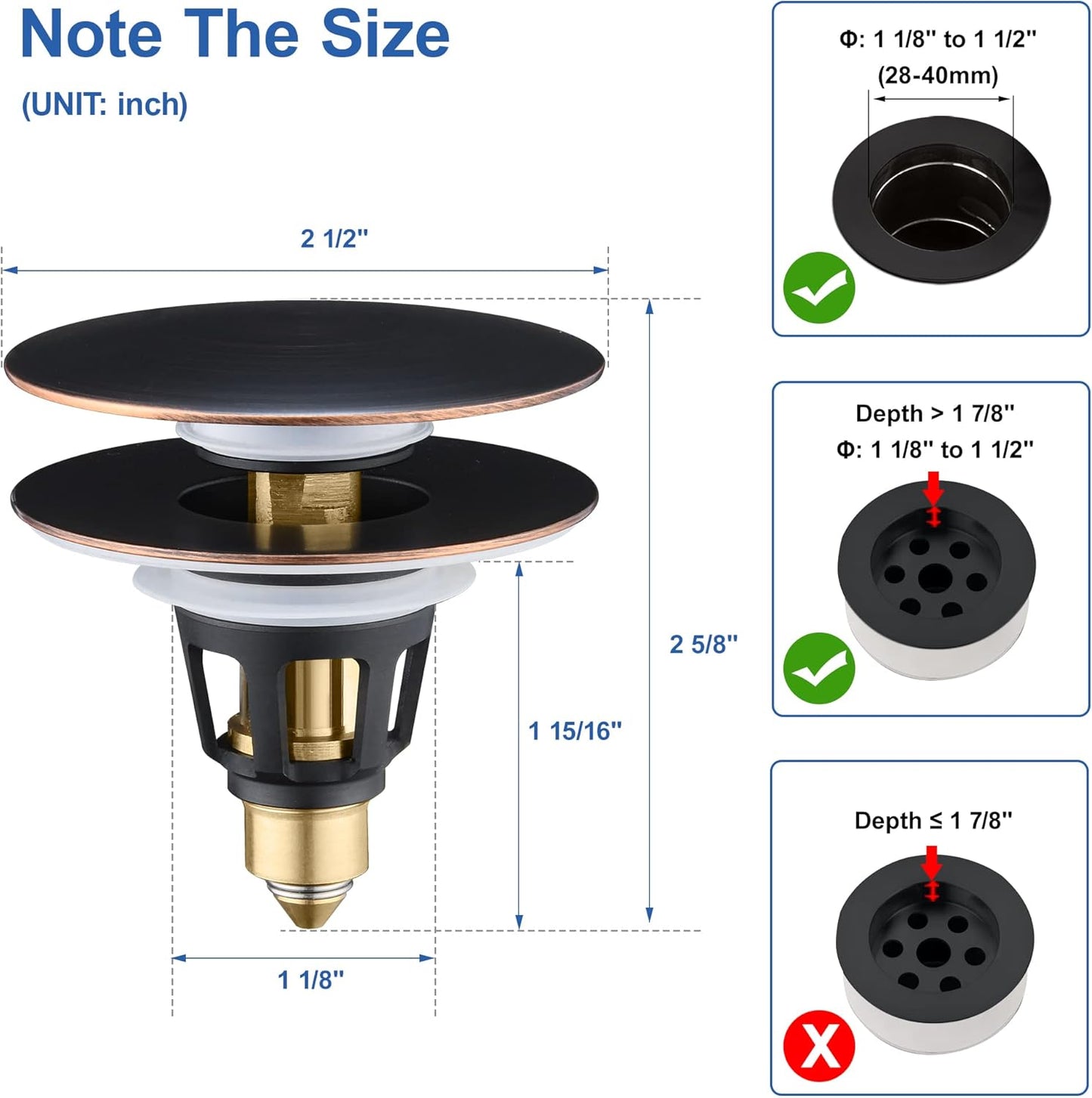 Universal 3-in-1 Bathroom Sink Stopper - Pop Up Sink Drain Stopper, Push Button Sink Drain Stopper Replacement, Wash Basin Drain Filter Plug with Anti-Clogging Strainer, Oil Rubbed Bronze