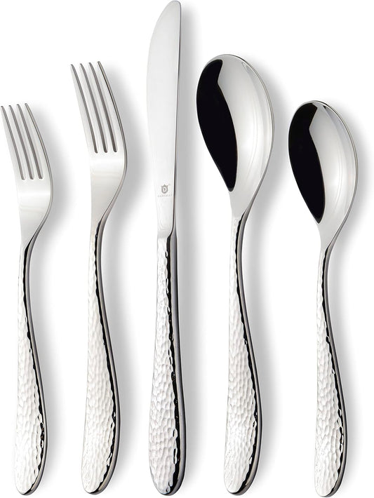Silverware Set for 16 | 18/10 Stainless Steel Flatware Set | Mirror Finish, Heavy-Duty, Dishwasher Safe, Elegant & Durable, Built to Last (80-Piece, Marettimo Hammered)