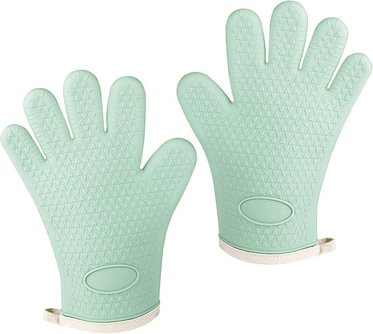 Oven Mitts with Fingers, Heat Resistant 500°F, Waterproof & Non-Slip Kitchen Gloves for Baking, Grilling, Cooking.5-Finger Design with Soft Lining, Hanging Hook,Mint Green