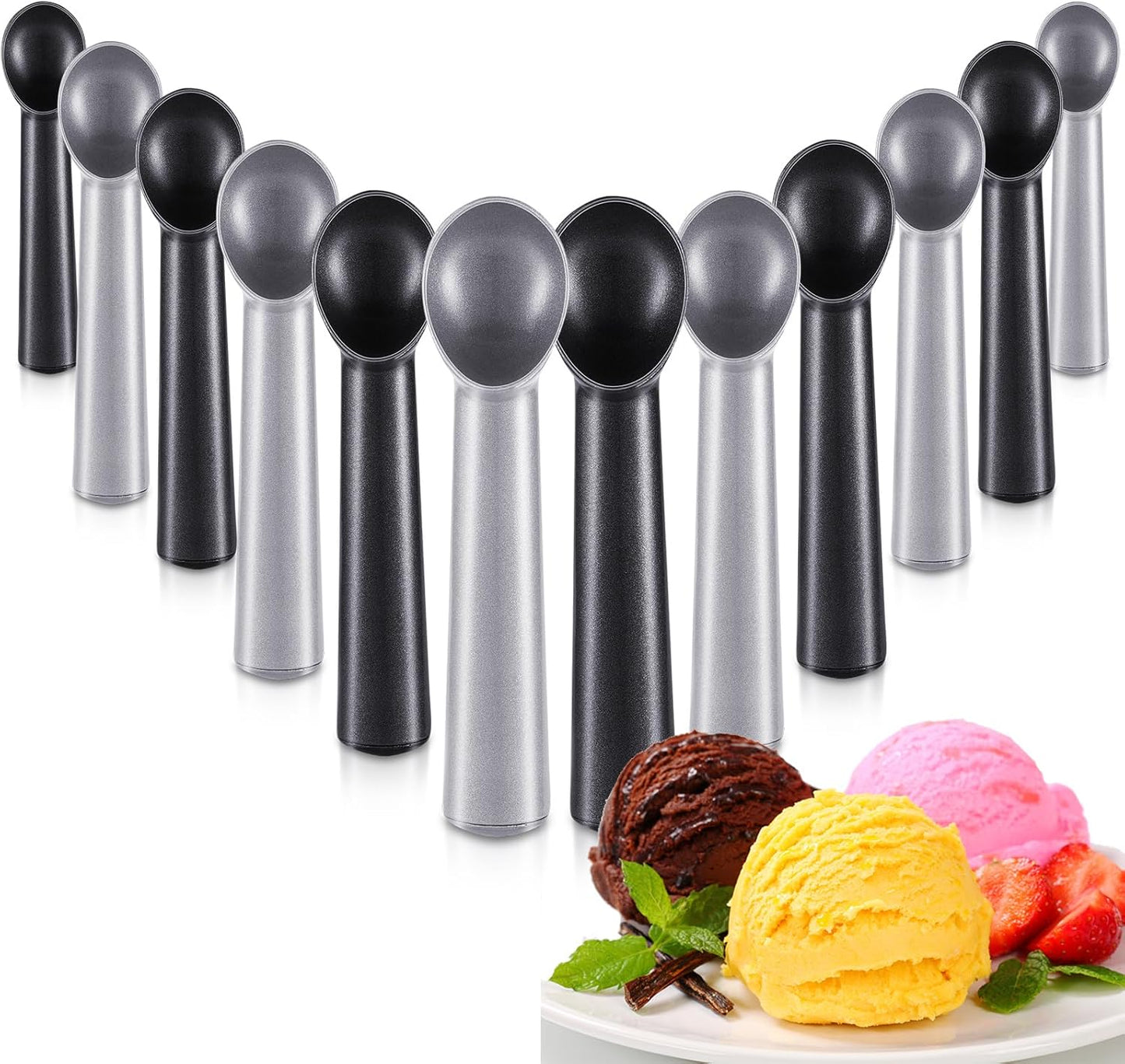 Gejoy 12 Pcs Ice Cream Scoop 7 Inch Nonstick Anti Freeze Ice Cream Scooper Aluminum Design Dessert Spoon for Gelatos Frozen Yogurt Fruit Sundaes Sorbet Almond Cookie Dough (Black and Silver)
