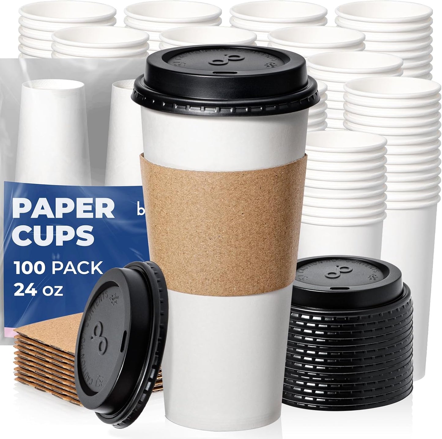 Fit Meal Prep 24 oz 100 Pack To Go Coffee Cups with Lids and Sleeves, Disposable Paper Coffee Cups with Lids for Hot/Cold Beverage