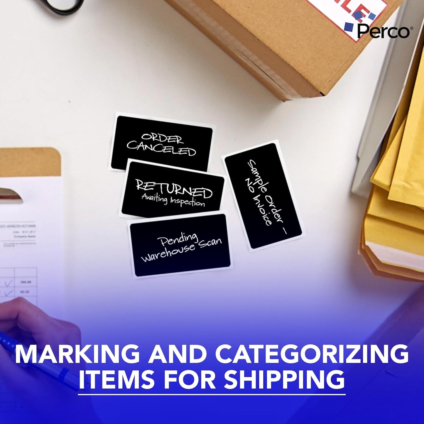 Perco Black Labels 3x5 Inch 500 Stickers/Roll with Easy Peel Perforation and Strong Adhesion for Inventory Management, Color Coding, Moving Boxes, Retail, Organizing & Crafts – Made in USA