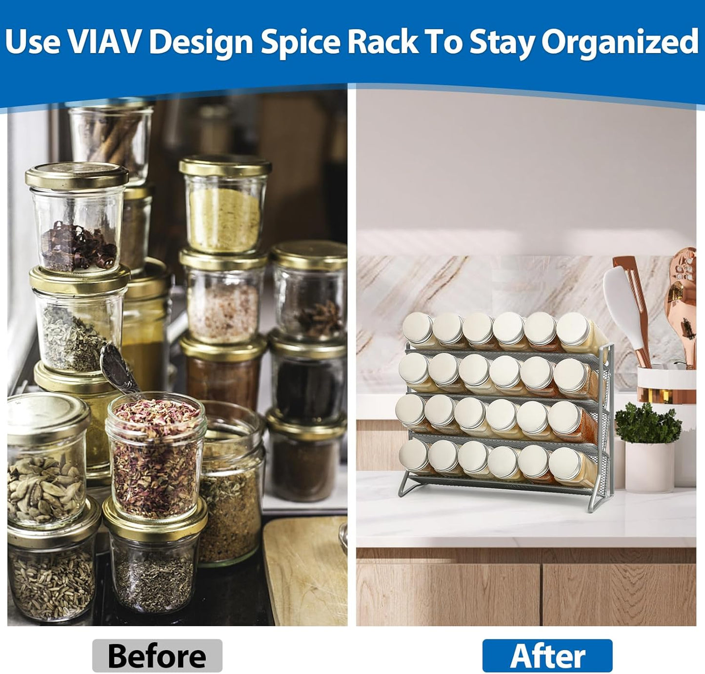 1PCS 4Tier Spice Rack for Counter Free Standing,Spice Rack for Inside Cupboard Hanging Wall Mounted Spice Seasoning Organiser Spice Jars Bottle Organizer for Kitchen Pantry（Silver）