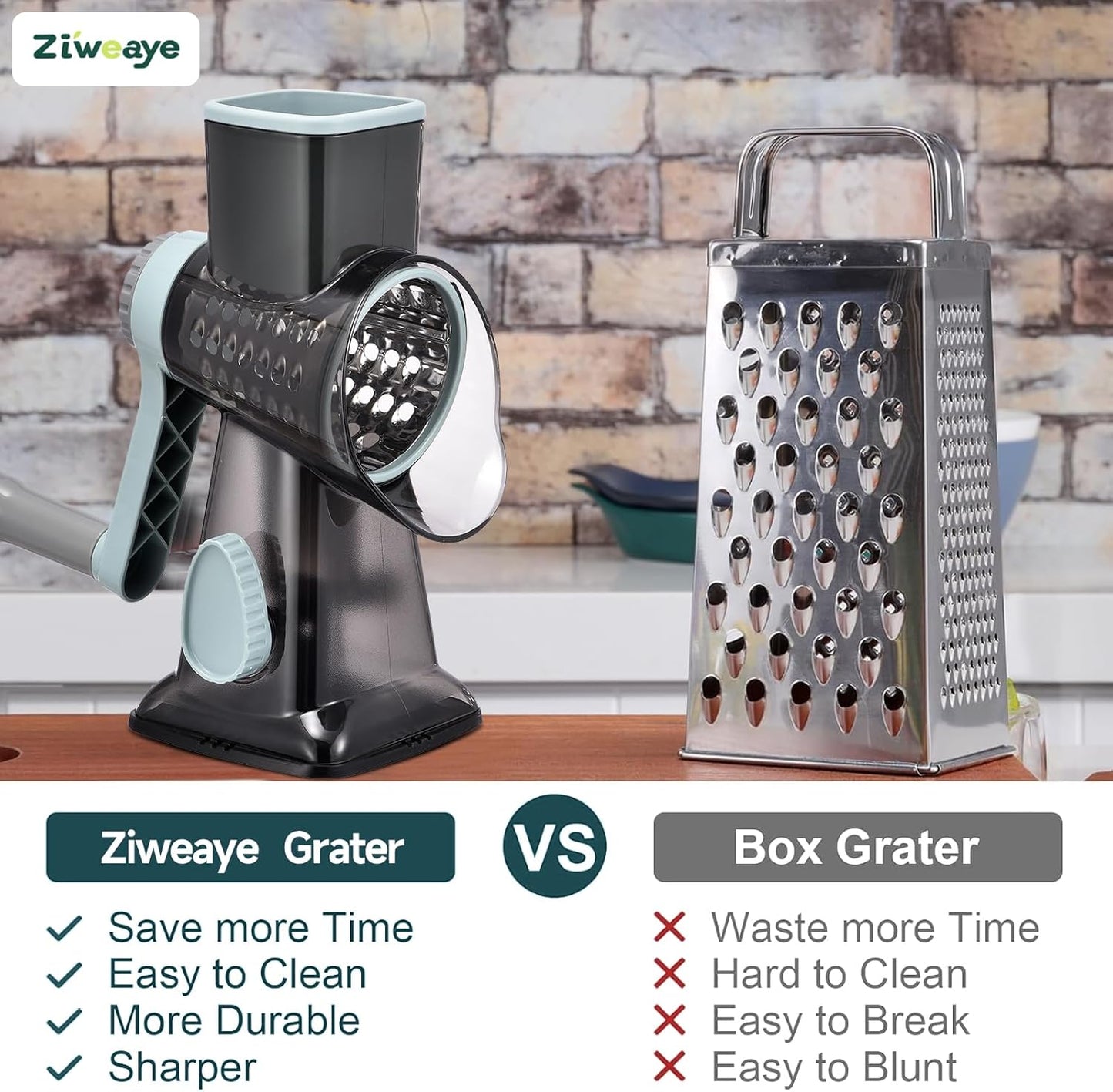 Rotary Cheese Grater Hand Crank Cheese Shredder Vegetable Mandoline Slicer for Kitchen 3 in 1 Changeable Blades for Cheese Potato Nuts Chocolate Ice(GreyBlue)