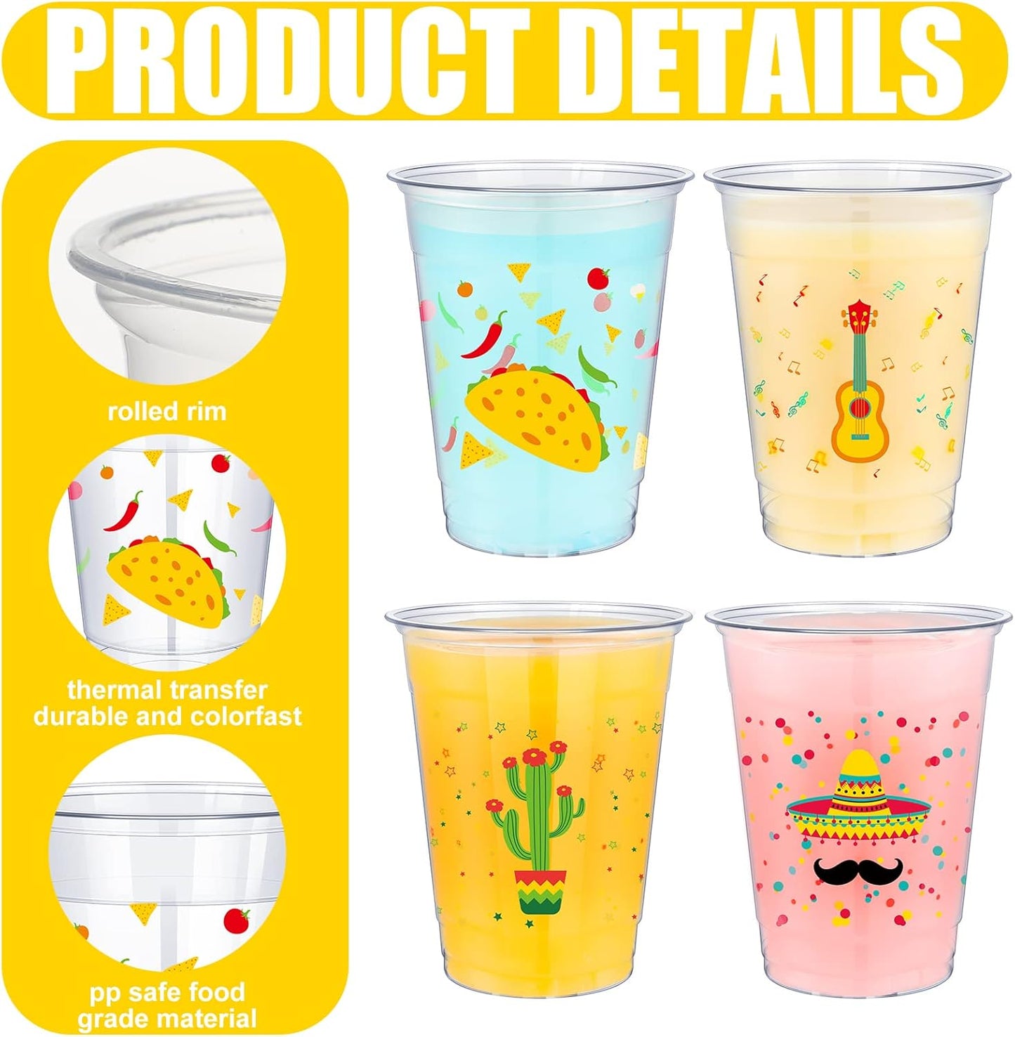 meekoo 50 Pack 12 oz Fiesta Cups Plastic Mexican Cups Clear Disposable Mug Cinco De Mayo Party Decorations for Fiesta Taco Birthday Party Drinkware Supplies, 4 Styles