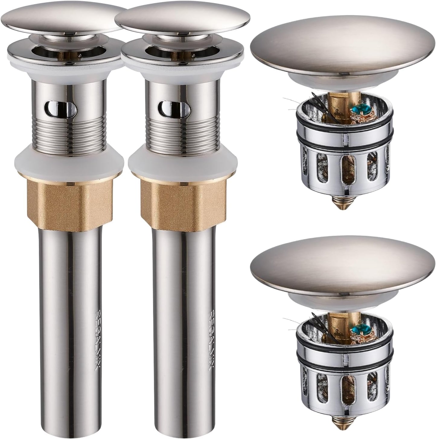 Bathroom Sink Drain with Overflow, Brushed Nickel Pop Up Drain 2 Pack, All Metal Bathroom Sink Stopper for Vanity Vessel Sink, Stainless Steel and Brass, RM083J-P2