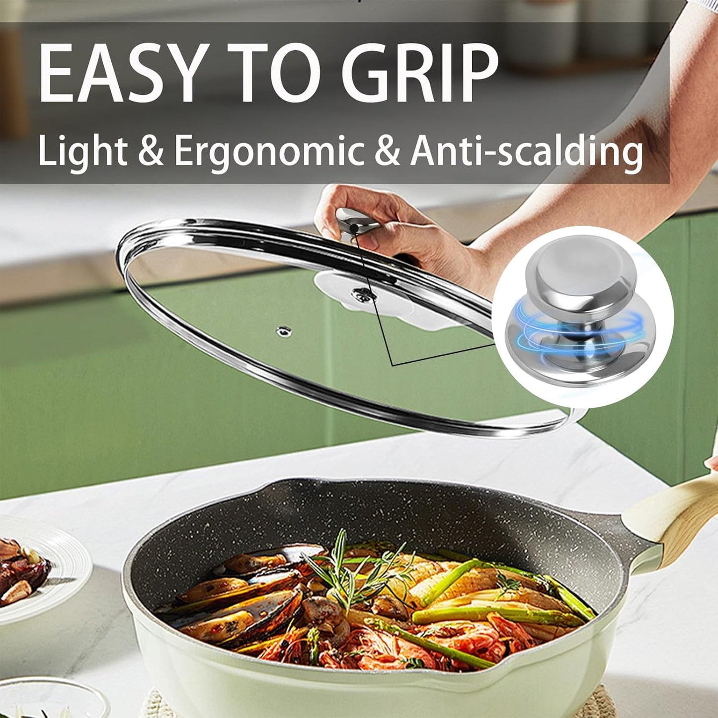 11 inch Tempered Glass Lid for Pots, Frying Pans and Skillets, Replacement Cover with Stainless Steel Knob Handle, Dishwasher Safe