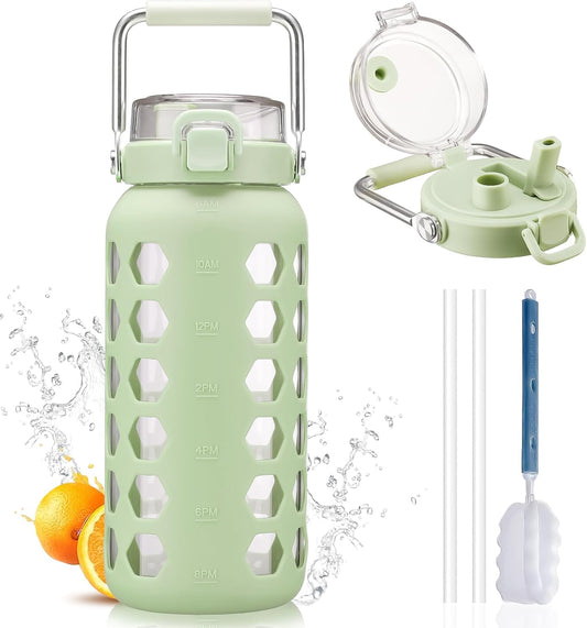 MUKOKO 64oz Glass Water Bottles with Straw and Lid,Half Gallon Water Bottle with Time Marker,Large Glass Water Jug with Silicone Sleeve and Stainless Steel Handle-Green