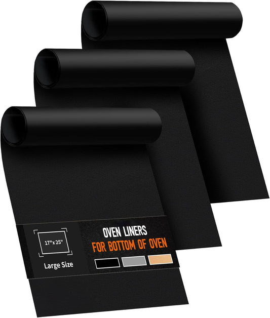 3 Pack Oven Liners for Bottom of Oven, 17x25" Large Heavy Duty Non-Stick Reusable Oven Mat for Electric, Gas, Toaster & Convection Ovens - BPA & PFOA Free, Dishwasher Safe, Kitchen Essentials, Black