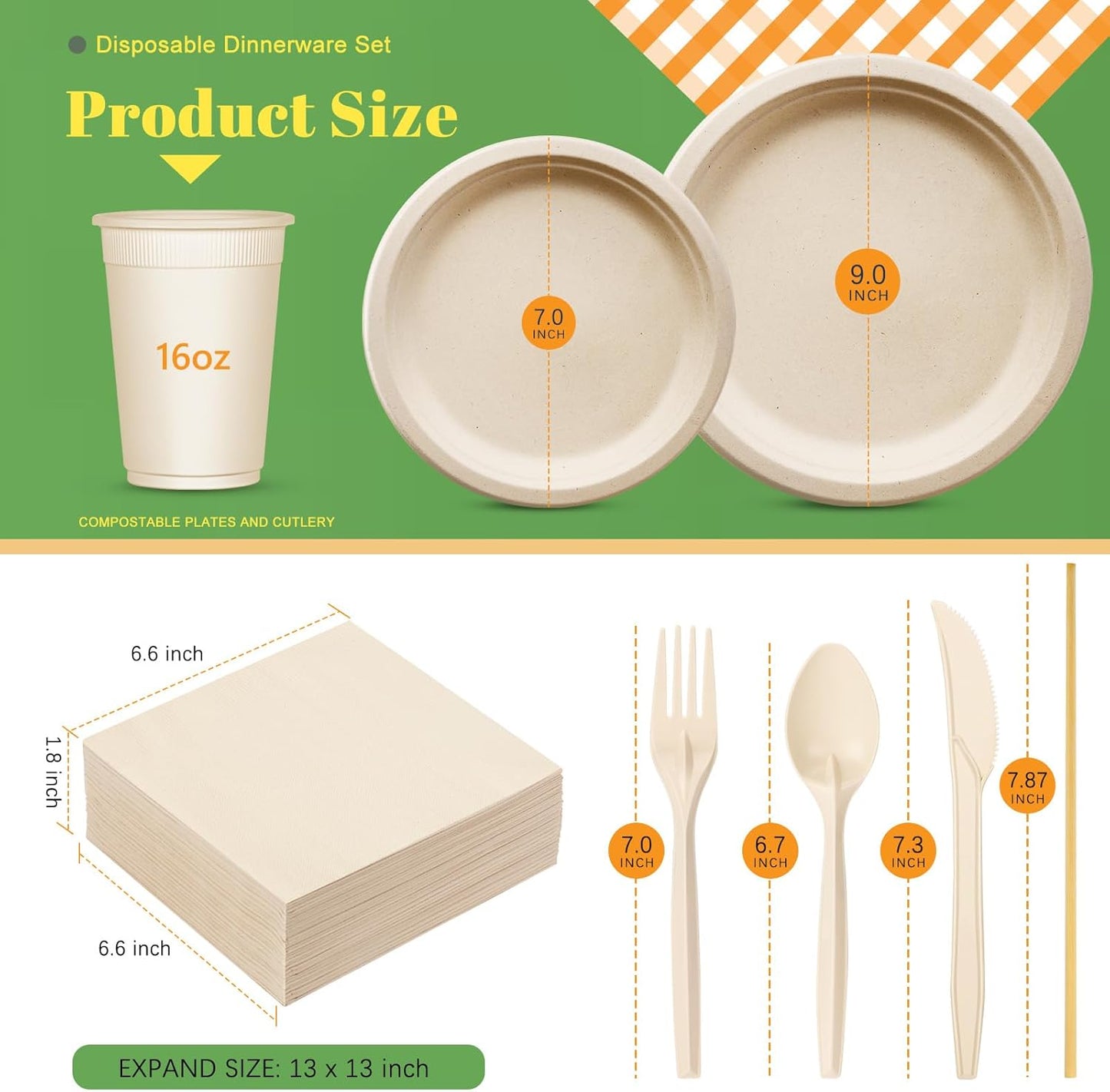 Gezond Compostable Paper Plates Set 250pcs Disposable Sugarcane Plates Utensils Eco-Friendly Plate, Cutlery, Napkins, Straws and Cups for Party 25 People