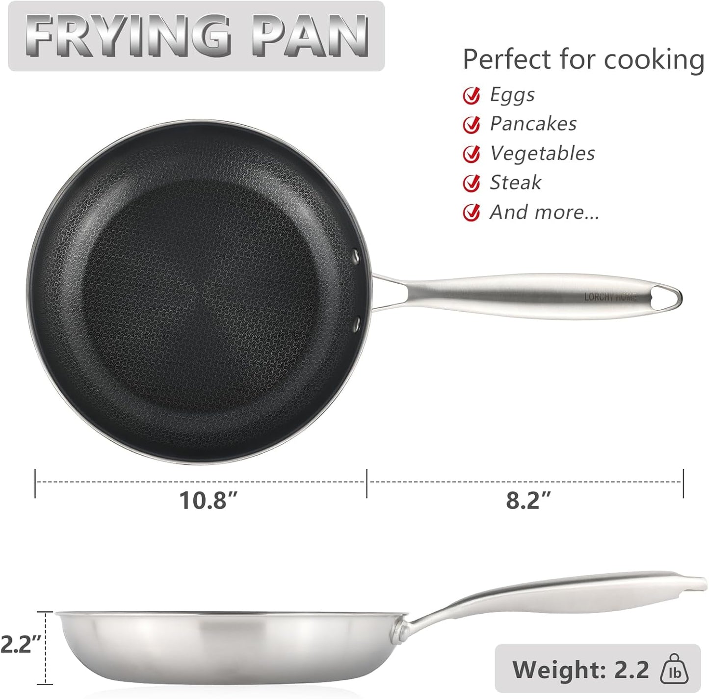 Stainless Steel Nonstick Frying Pan, Hybrid Ceramic 10-Inch Frying Pan, Stay-Cool Handle, PFAS & PFOA PTFE Free, Dishwasher & Oven Safe, Scratch-Resistant, Compatible with Induction & All Cooktops