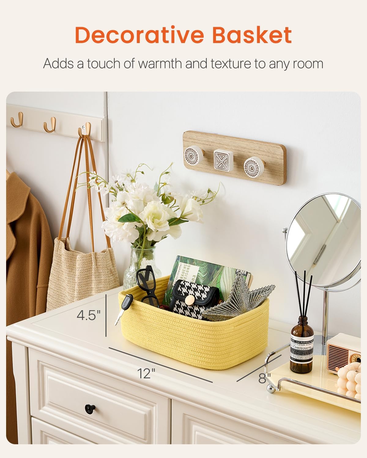 Small Woven Basket, 12 x 8 x 4.5 Inches, Storage Basket for Organizing, Cute Small Rope Shelf Closet Cube Storage Bins Baskets for Shelves, Dog Toy Gift Baskets Empty, 3 Pack Yellow