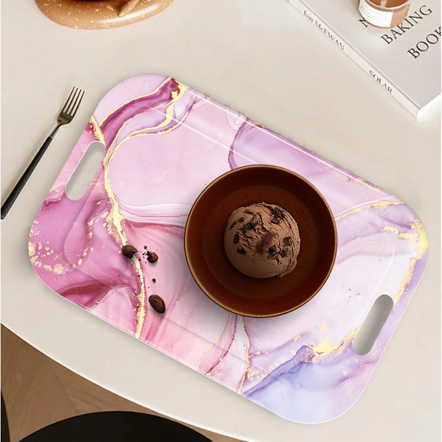 Serving Trays with Handles, 14.5 x 9.8 inch Rectangular Plastic Tray for Restaurant, Kitchen, Painting of Pink and Gold Marble