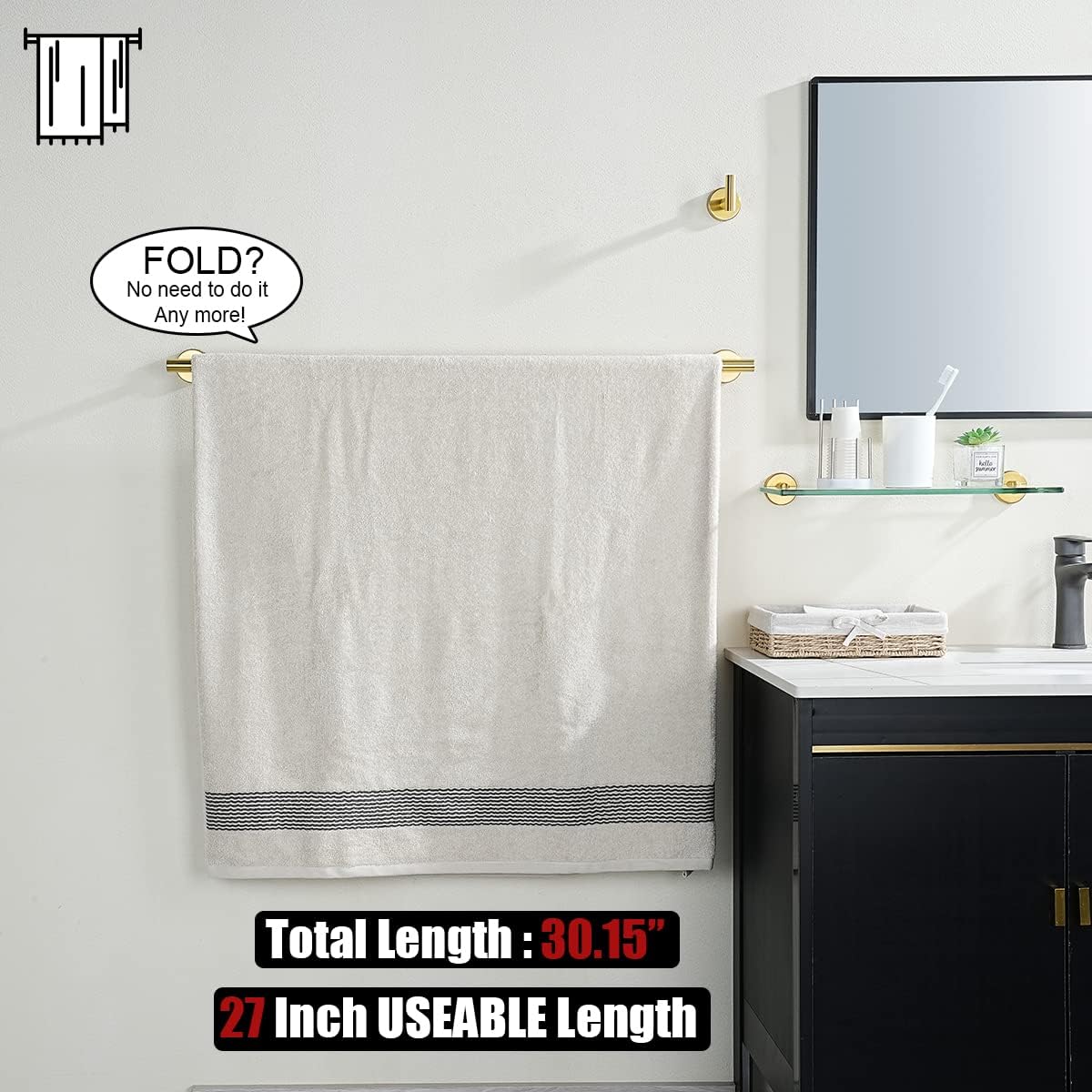 JQK Gold Towel Bar, 30 Inch 304 Stainless Steel Thicken 0.8mm Towel Rack Bathroom, Towel Holder Brushed Golden Wall Mount, Useable Length 27 Inch, TB110L27-BG