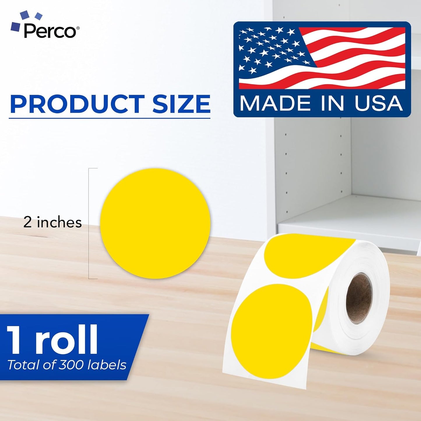Perco Yellow 2-Inch Perforated Circle Dot Thermal Sticker Labels — 300 Stickers/Roll, Direct Thermal Printer Compatible—with Permanent Adhesive for Organizing, Color Coding, Bin Labeling—Made in USA