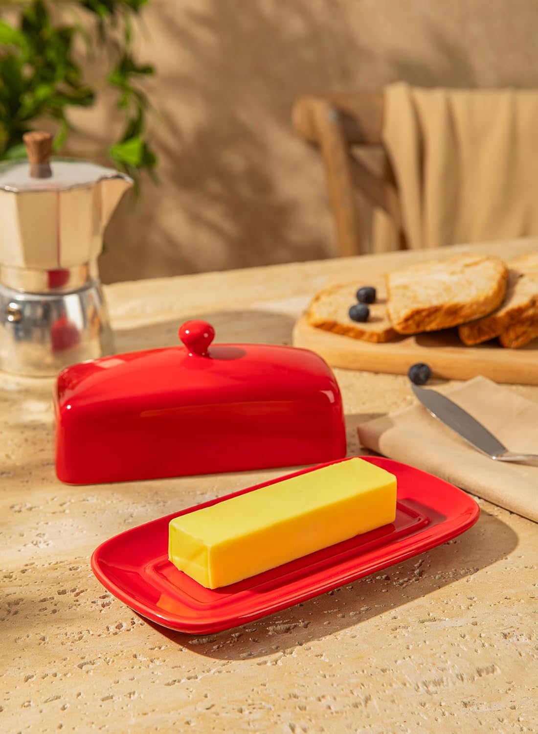 Sweese Butter Dish with Lid, Porcelain Butter Keeper, 7.8 Inch Butter Holder with Handle Cover, Butter Container Perfect for East West Coast Butter, Red