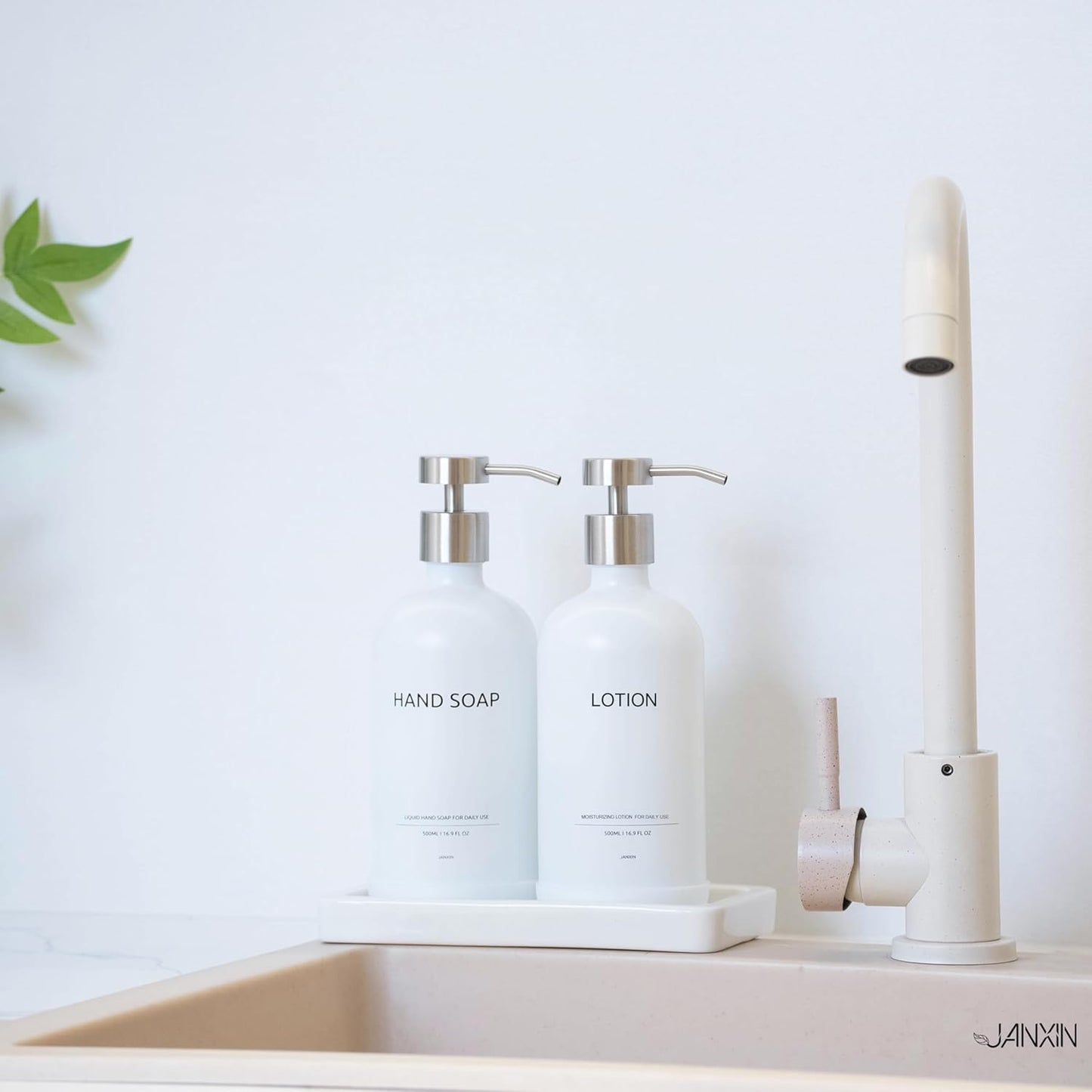 Glass Kitchen Soap Dispenser Set with Ceramic Tray,16.9 floz Hand and Dish Soap Dispenser for Kitchen and Bathroom Decor (White + Silver(Lotion))