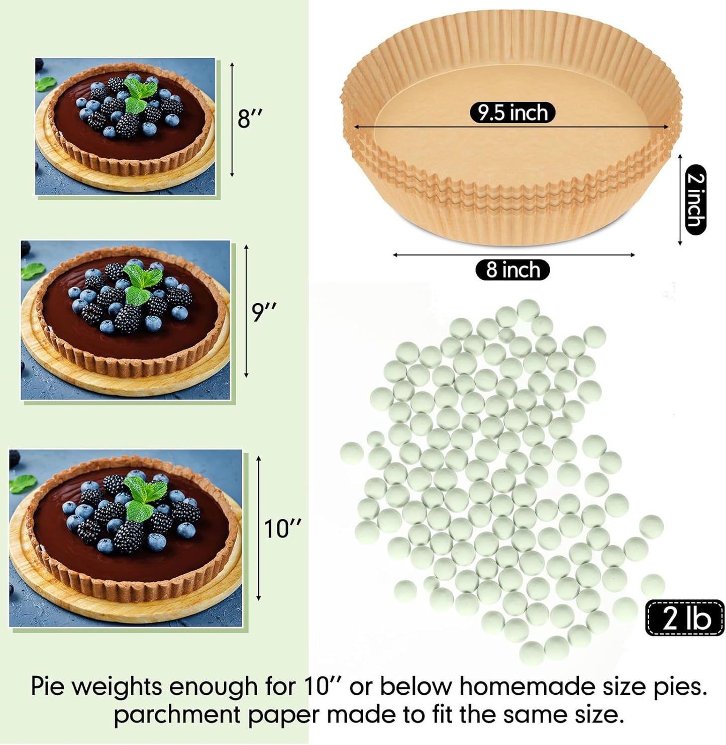 1 Pack Light Green 2 lb Pie Weights for Baking Crust Ceramic Weights Blind Baking Beads with 50 Pcs Disposable Parchment Paper Pie Liner Fit 8,9,10 Inch Dish