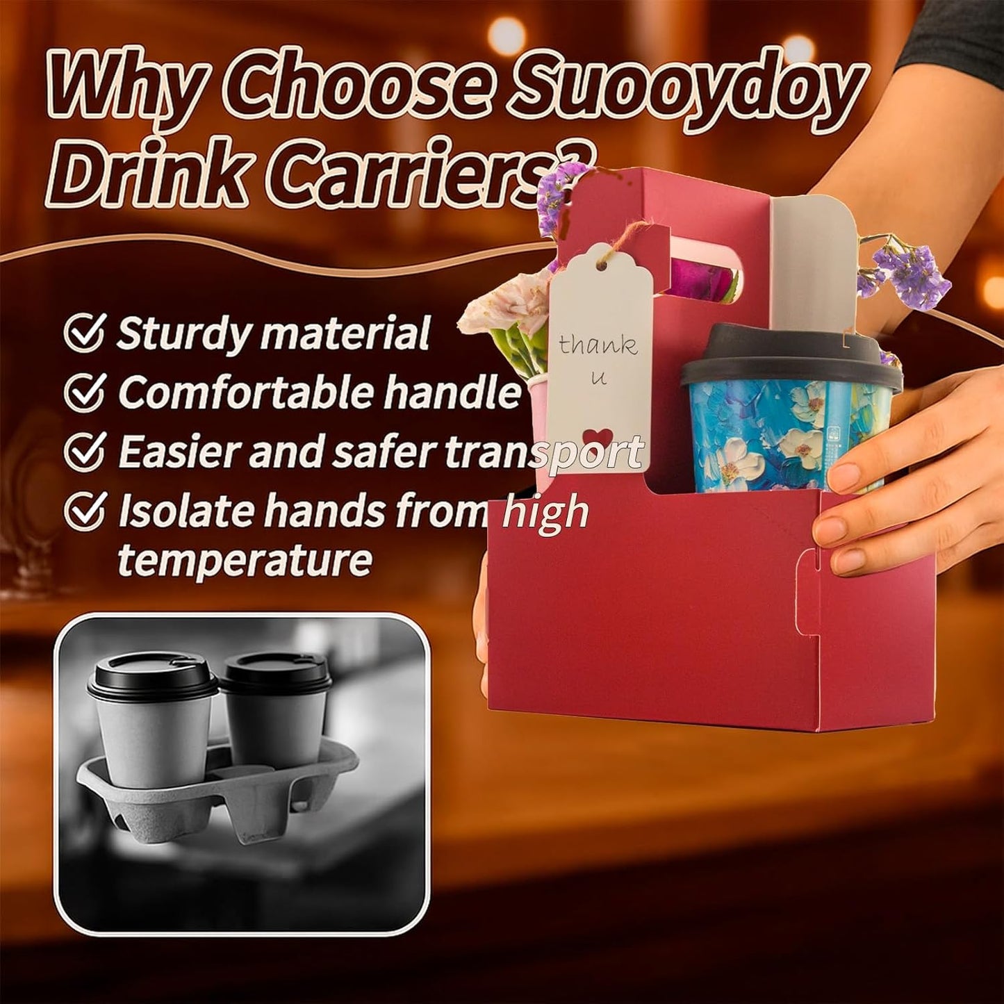 30 Pack 2 Cup Disposable Drink Carrier with Handle Paperboard Coffee Cup Holder Portable for Hot Cold Drinks Food Delivery Services with Heart Card for Teacher Appreciation Week Mother's Day