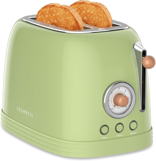 CROWNFUL 2-Slice Toaster, Extra Wide Slots Toaster, Retro Stainless Steel with Bagel, Cancel, Defrost, Reheat Function and 6-Shade Settings, Removal Crumb Tray, Green