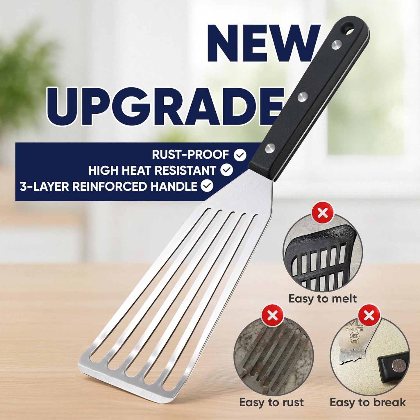 Newness Metal Fish Turner Spatula Stainless Steel for Kitchen Use, Small Griddle Egg Spatula, Flexible, Polished Metal, Corrosion Resistant, Kitchen Slotted Turner with Thin Edge Ideal for Turning,11"