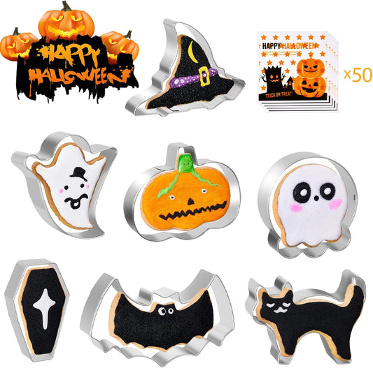 Halloween Cookie Cutters Set of 7 Stainless Steel Pumpkin Ghost Witch Hat Bat Cat Tombstone Skull Shapes for Halloween Party Supplies and Baking 50 Biscuit Bags Included