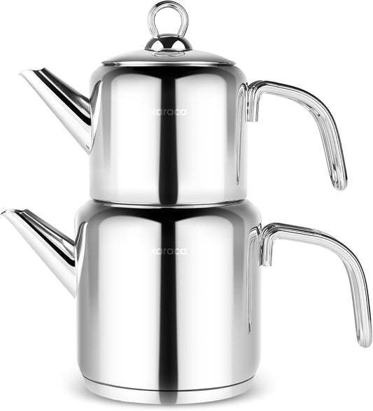 Karaca New Mani Turkish Tea Set for Stovetop, Induction Base Stainless Steel Tea Maker (1L Teapot & 2L Tea Kettle), Dishwasher Safe, Non-Burning Handles Samovar Style