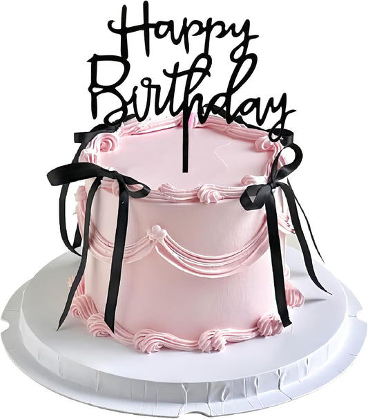 Black Bow Cake Topper Bowknot Ribbons Cupcake Toppers Bow Tie Cake Decorations Black Coquette Bows Cupcake Dessert Picks Happy Birthday Pick for Girl Birthday Princess Wedding Party Supplies 7Pcs