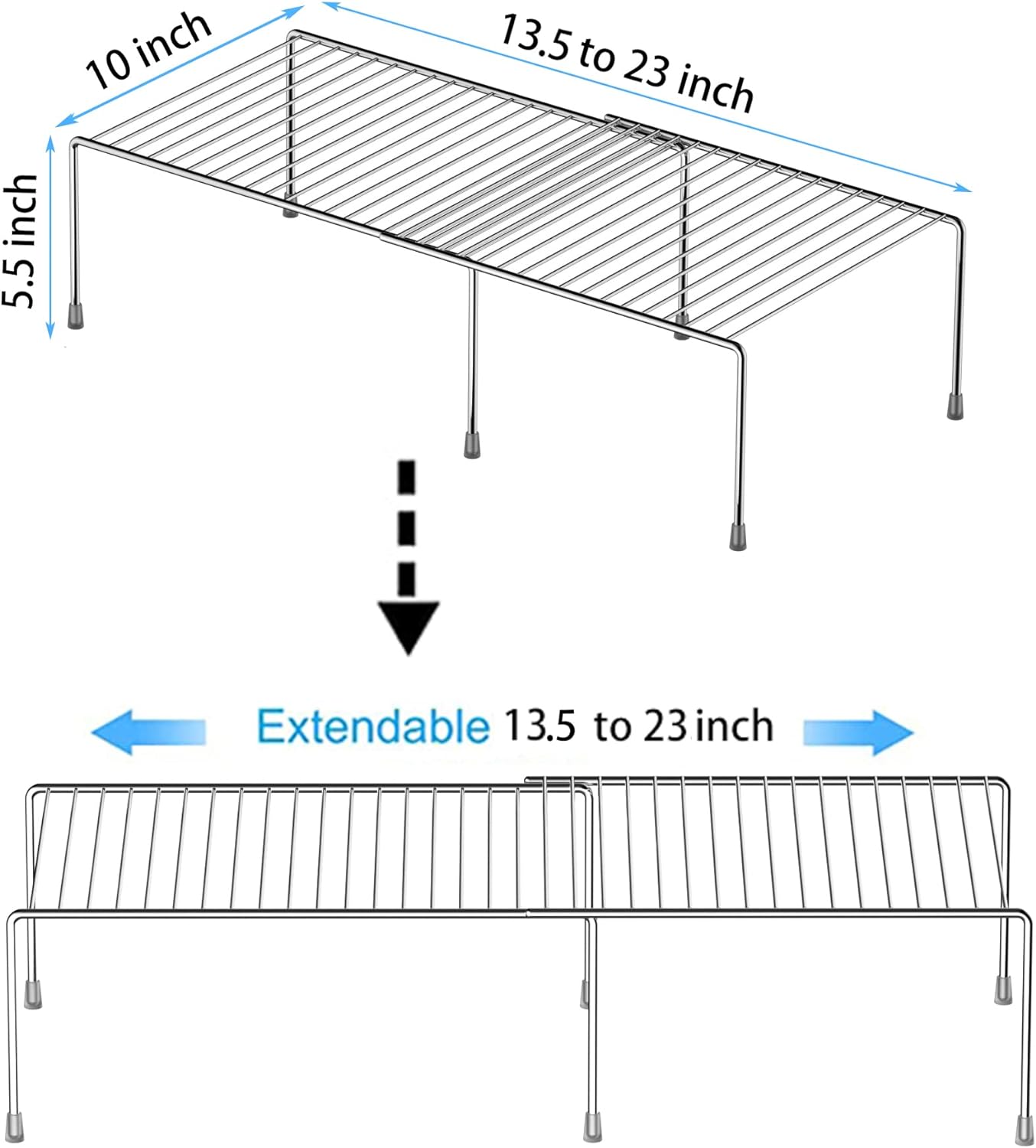 Redrubbit Cabinet Storage Shelf Rack, 4 Piece Expandable Metal Rustproof Kitchen Counter and Cabinet Shelf, Storage Rack Organizer Space Saver for Kitchen, Fridge, Cabinet, Bathroom, Chrome, Set of 2