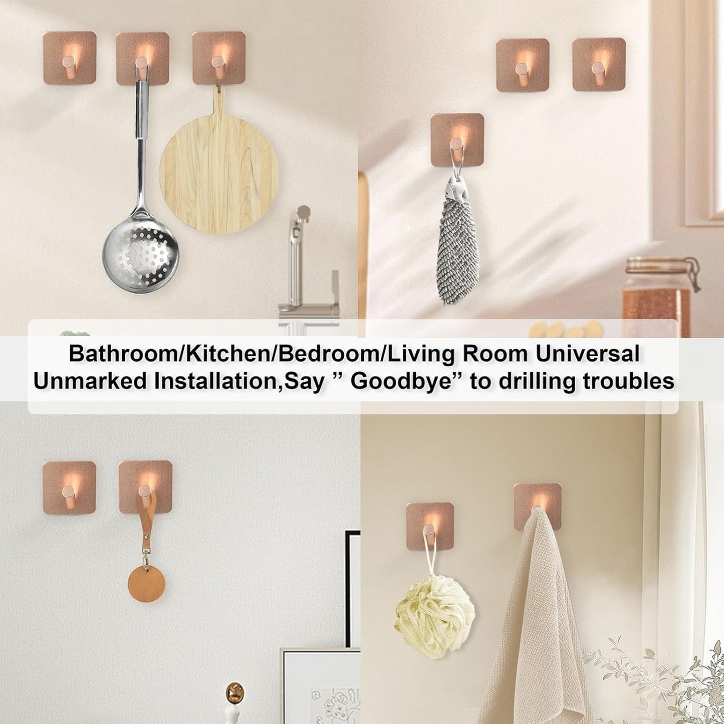 Aluminum Wall Hooks, No Drill Damage-Free Adhesive Hook, Product for Hanging Heavy Duty for Bathroom Kitchen Home (Slanting Square Rose Gold Hook, 4)