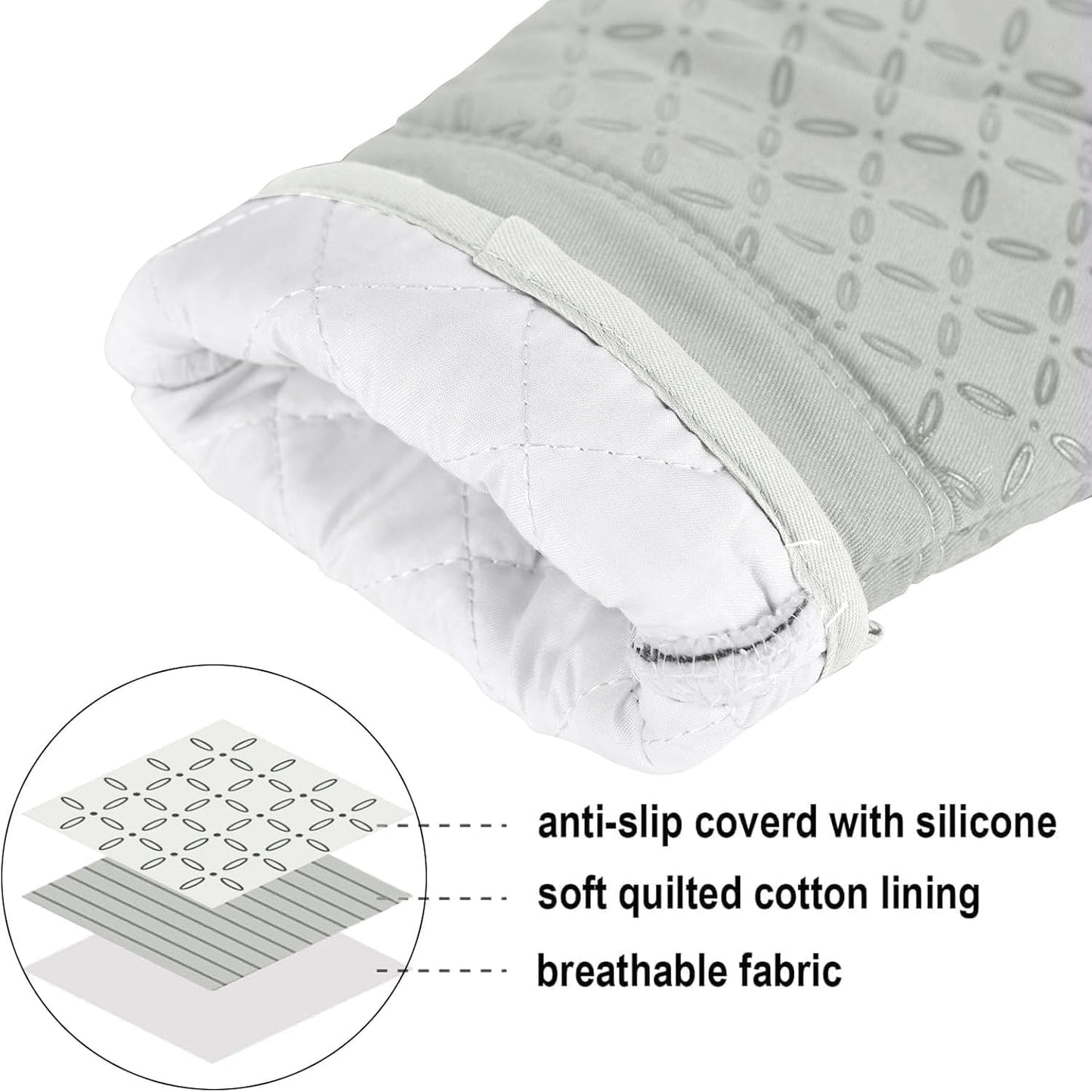 KEGOUU Oven Mitts and Pot Holders 6pcs Set, Kitchen Oven Glove High Heat Resistant 500 Degree Extra Long Oven Mitts and Potholder with Non-Slip Silicone Surface for Cooking （Greenish Gary）