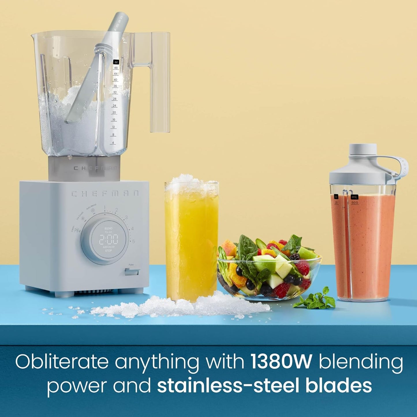 Chefman Obliterator 48 oz Countertop Blender for Smoothies, 1380W Motor to Crush Ice, Nuts, and Frozen Fruit with Stainless Steel Blade, Blender Pack Includes Two 20 oz. Travel Jars - Concrete