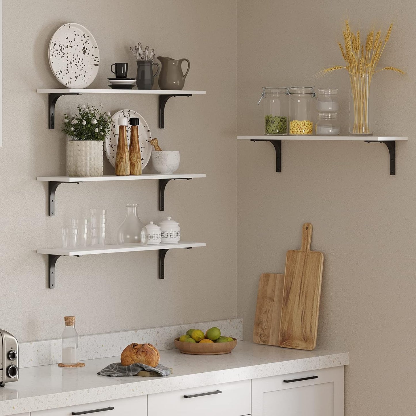 DINZI LVJ Long Wall Shelves, 31.5 x 7.9 x 6.1 Inches, Set of 2 White Floating Shelves, Easy-to-Install, Large Storage Ledges with Sturdy Metal Brackets for Living Room, Bathroom, Bedroom, Kitchen