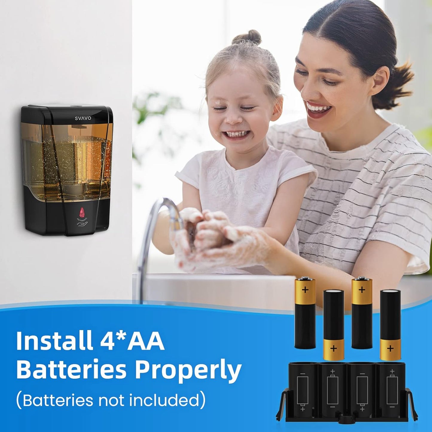 SVAVO Automatic Soap Dispenser Hand Soap Dispenser Wall Mount 600m/21fl.oz, Touchless Electric Sensor Pump Battery Operated for Offices Home Kitchen Bathroom Hotel Restaurant Commercial